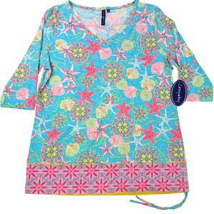 Casey Key Womens Large Top Blue Pink Starfish Shell Coastal Ruched Studded Tee